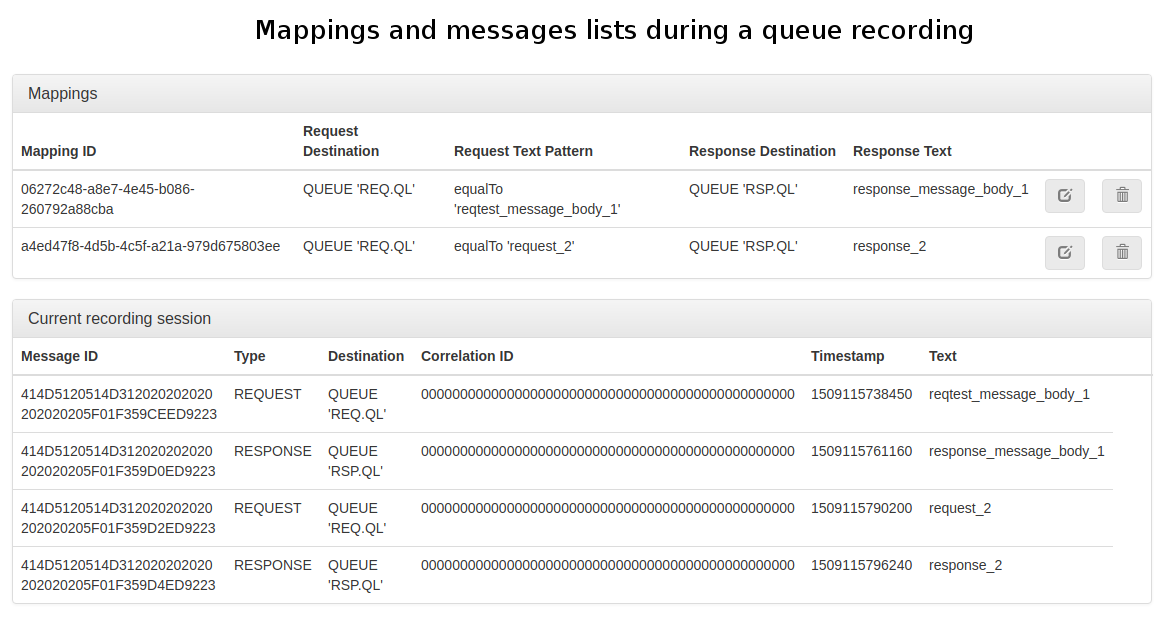 Mappings and messages lists during a IBM® MQ recording