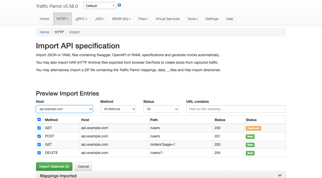 Import preview panel filtered by host showing only api.example.com entries