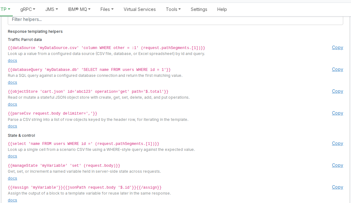 The expanded Available helpers panel showing the Response templating helpers section header above the catalogue, with helpers grouped by category and a copy-ready snippet and docs link for each