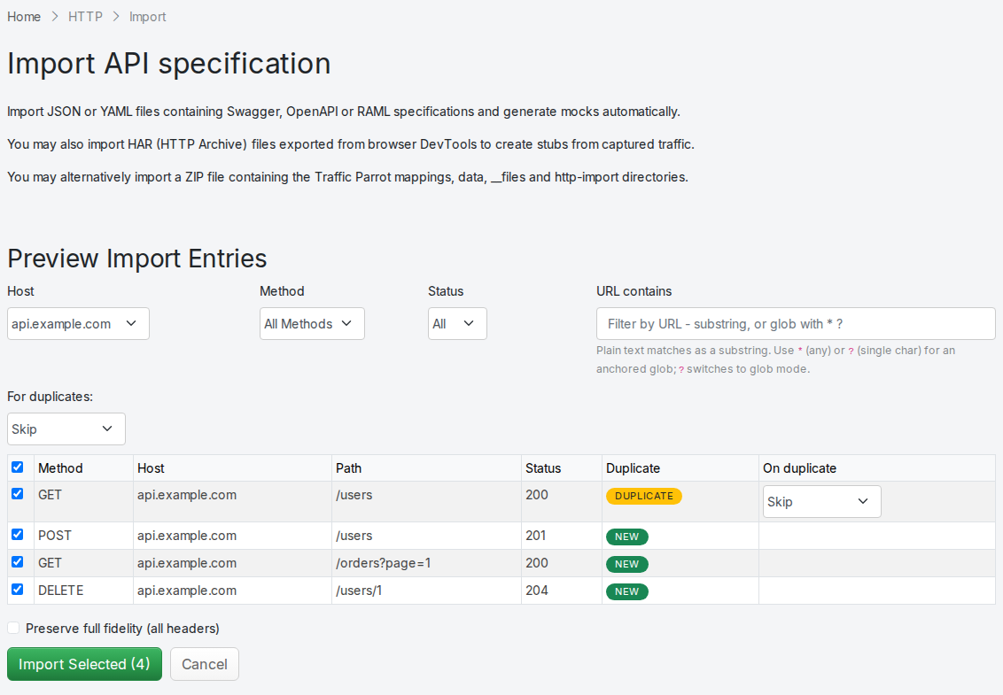 Import preview panel filtered by host showing only api.example.com entries