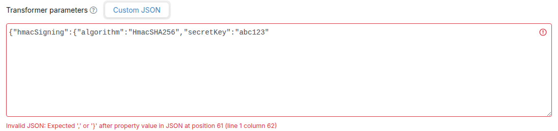 Transformer parameters editor showing an inline error for invalid JSON on submit