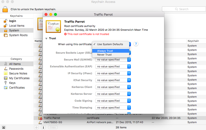 macOS Keychain Access showing the Traffic Parrot root certificate authority marked as not trusted, with the Trust section expanded and the 'When using this certificate' dropdown set to Always Trust