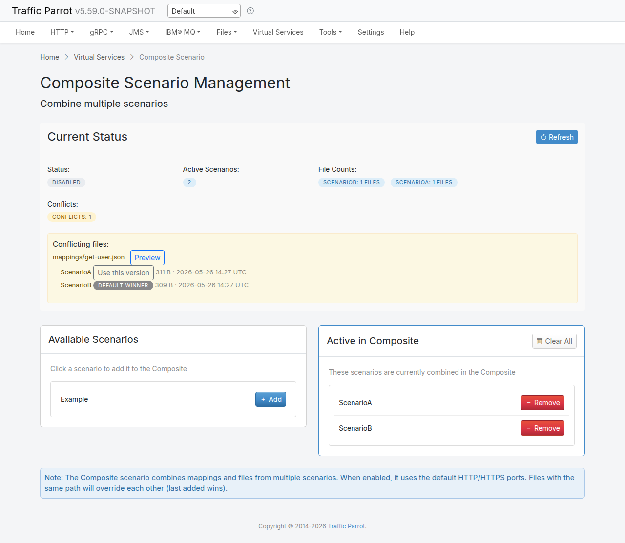 Composite page listing a conflict between two scenarios, with a 'Default winner' badge on one contributor and a 'Use this version' button on the other