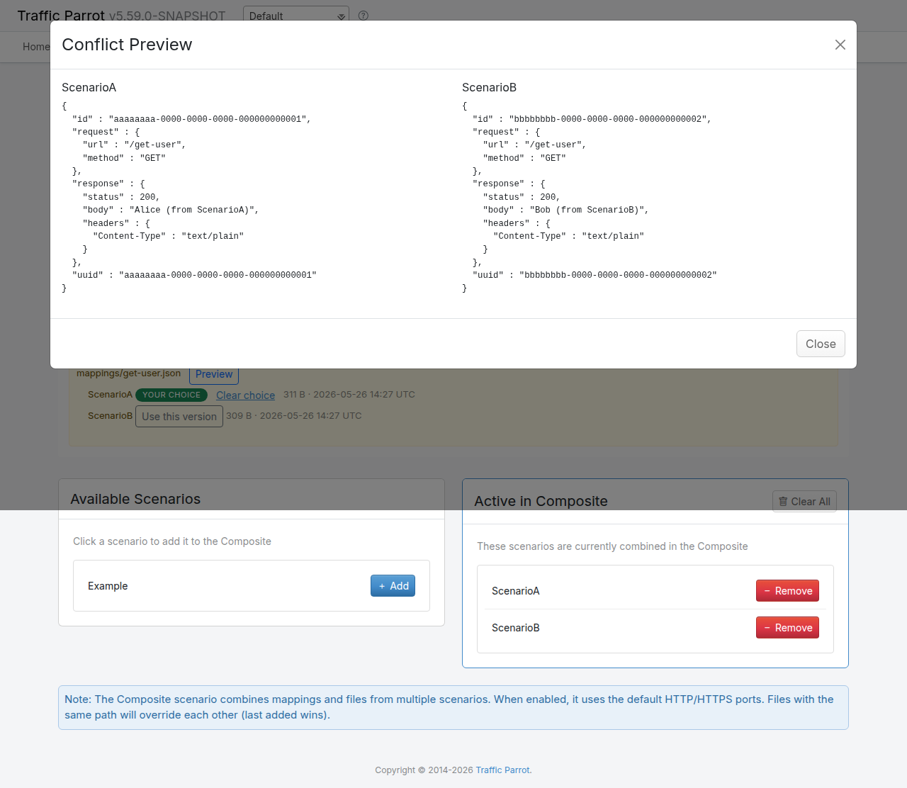 Preview modal showing two contributors' versions of a conflicting JSON mapping file side by side