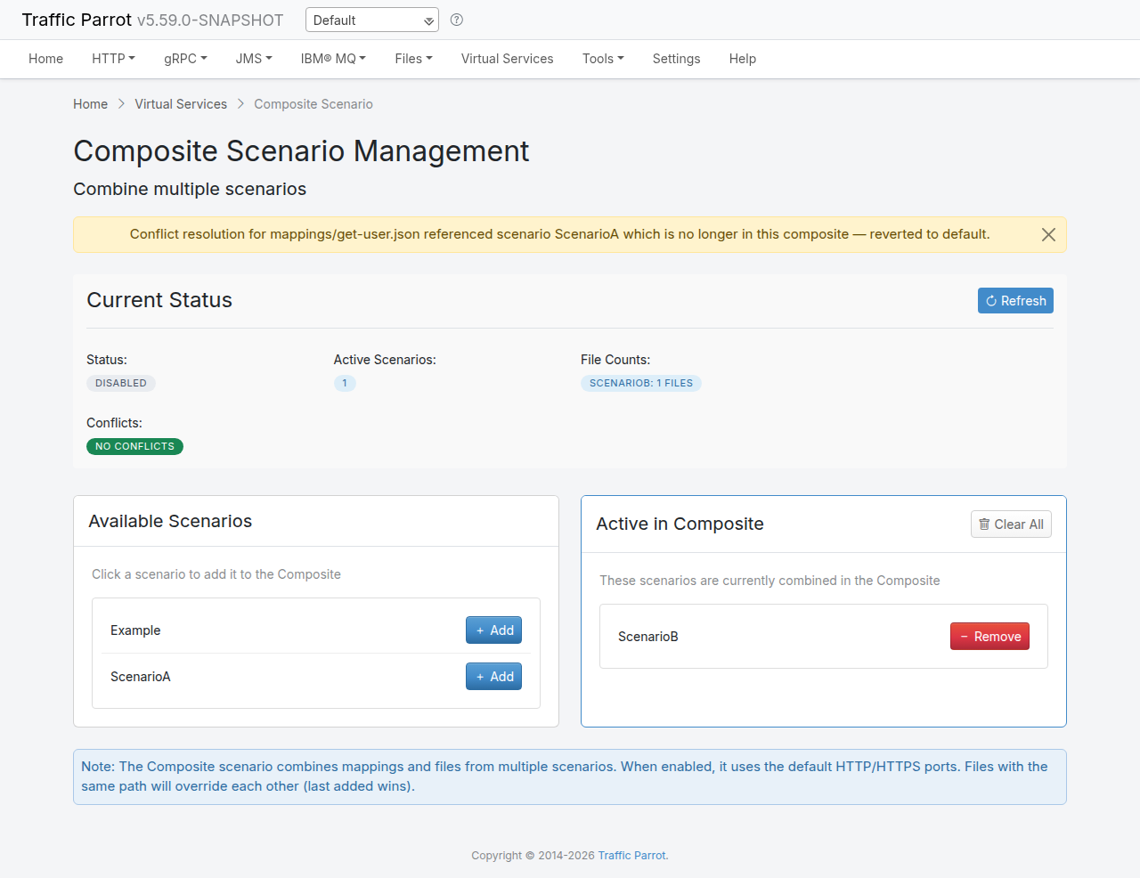 Composite page showing the warning banner that appears once after an orphaned conflict resolution is dropped, naming the file path and the removed scenario