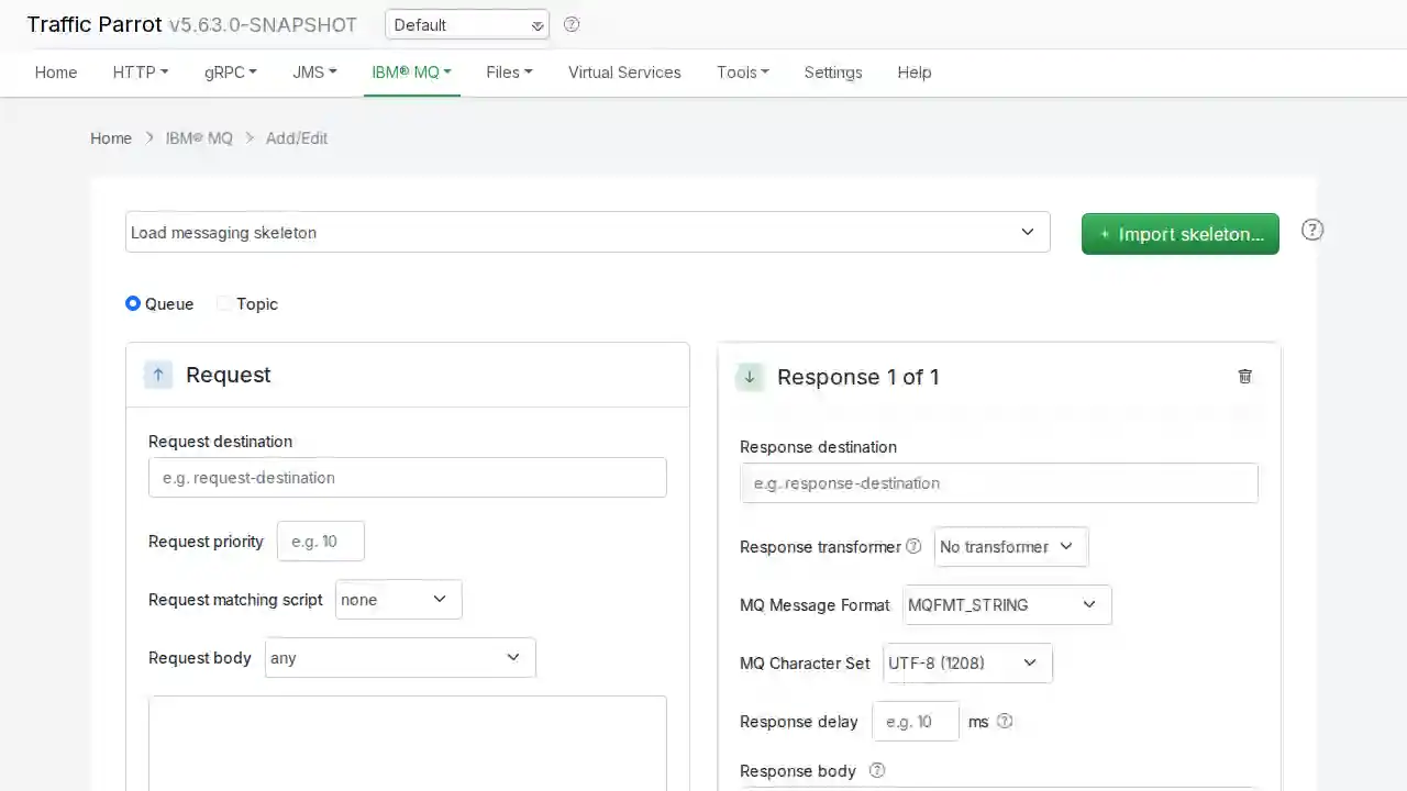 The native IBM MQ mappings list naming responses/reply.txt as the response, then the editor showing the file's contents under a Response from file note